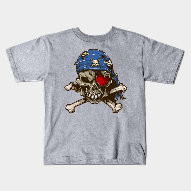 Pirate skull crossbones blue bandanna red eye patch Kids T-Shirt by pickledpossums